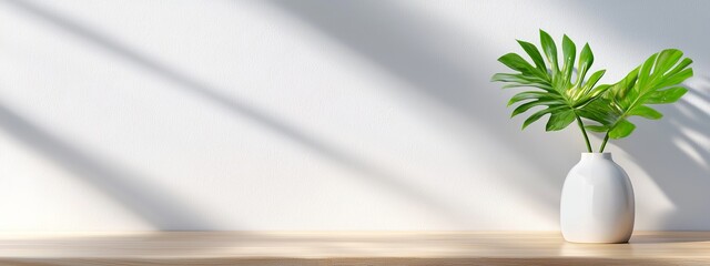  A white vase holds a green plant on a weathered wooden table, situated in a spacious white room with pristine white walls