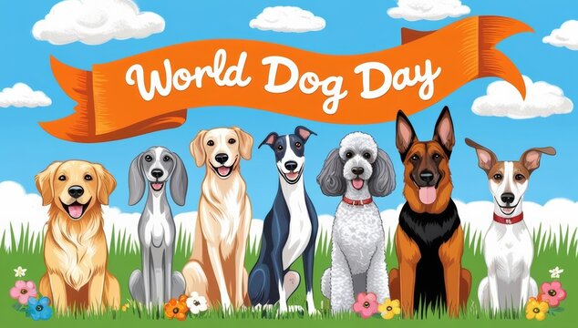 A vibrant colorful illustration depicting a joyful dog day