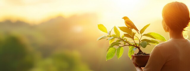 Wall Mural -  A woman holds a potted plant before a sun-kissed backdrop Tree-studded foreground, forested background