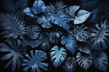 Wall Mural - Close-up of blue tropical leaves on dark background