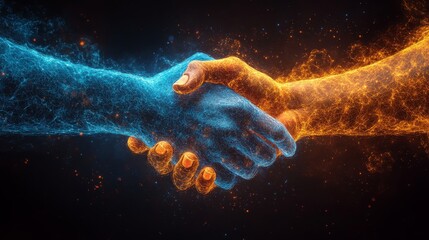 Poster - Two hands, one blue and one orange, engage in a handshake, radiating energy and light, representing cooperation and connection.
