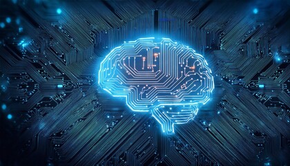 Poster - intricate circuit board with illuminated brain symbol representing artificial intelligence technolog