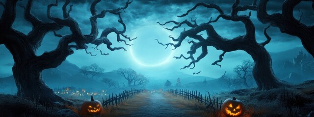 Wall Mural - A calm, moonlit pathway lined with old trees, leading to a gentle Halloween festival in the distance