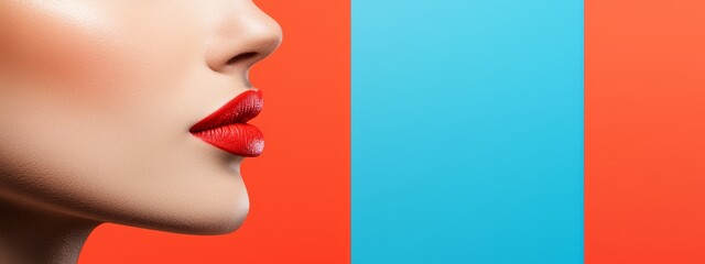 Wall Mural -  Close-up of woman's face with red lips against a backdrop of blue and orange wall