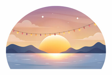 Simple flat vector illustration as Sunset glow over a tranquil beach with clear skies concept as A peaceful beach scene with the warm hues of sunset reflecting off the water ideal for business present