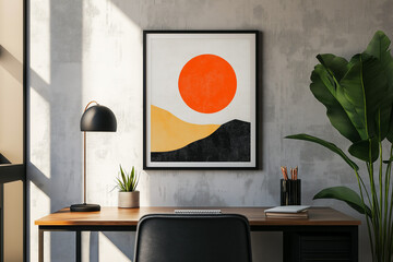 Wall Mural - mockup mid-century hanging a framed print in a small business office with modern minimalist interior 