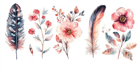 Isolated watercolor floral elements on a white background Vintage style posy set featuring feathers and flowers Hand painted natural design objects