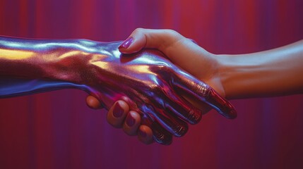 Poster - Hands of different textures meet in a vibrant handshake, showcasing a blend of metallic sheen and natural skin colors.