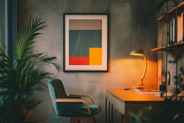 Wall Mural - mockup mid-century hanging a framed print in a small business office with modern minimalist interior 