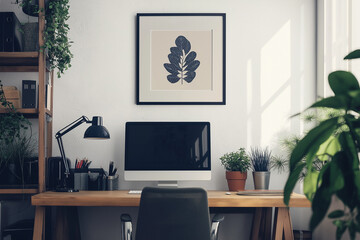 Wall Mural - mockup mid-century hanging a framed print in a small business office with modern minimalist interior 