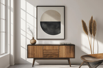 Wall Mural - mockup mid-century hanging a framed print in a small business office with modern minimalist interior 