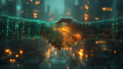 Poster - Two hands intertwine, illuminated by neon light, symbolizing partnership in a technologically advanced urban environment.