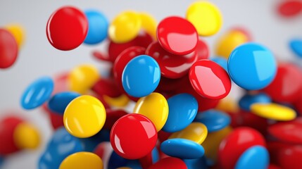 Poster - A bunch of colorful candy balls are flying through the air. The colors are red, yellow, and blue