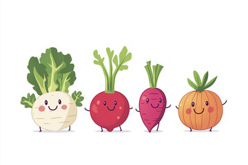 cartoon comic styled version of lots of fresh vegetables as a healthy nutrition concept for children in school