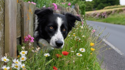 Wall Mural - A black and white dog is looking out of a fence into a field of flowers. The dog appears to be curious and interested in the flowers