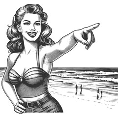 Wall Mural - joyful pin-up woman in a swimsuit, smiling and pointing forward on a beach sketch engraving generative ai fictional character vector illustration. Scratch board imitation. Black and white image.