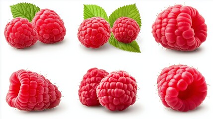 Wall Mural - A close up of a bunch of raspberries with leaves. The raspberries are in various stages of ripeness, with some being more ripe than others. The leaves are green and add a pop of color to the image