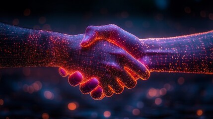 Poster - A vibrant handshake illuminated by colorful particles symbolizes collaboration in a futuristic environment.