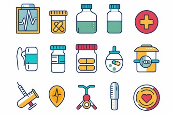 Poster - Assorted medical items on a table or shelf, suitable for use in a clinic or hospital setting