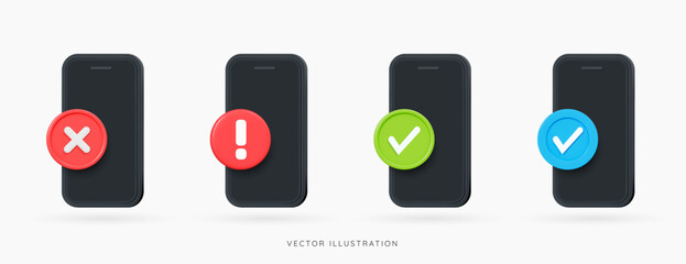 Poster - 3d phone with red exclamation mark and cross, green and blue tick icon set. smartphone with importan