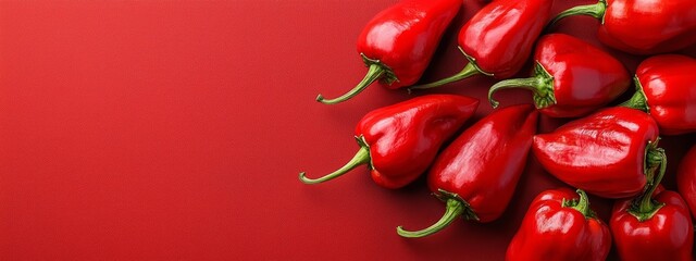  A red table holds a stack of red peppers and a bottle of wine, both situated on red surfaces