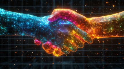 Poster - Glowing digital hands are shaking, symbolizing collaboration and connection in a high-tech environment with a grid backdrop.