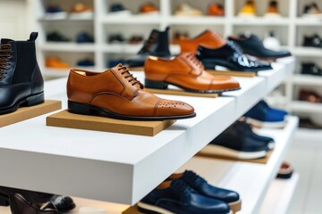 Aufkleber - Row of men's shoes displayed on shelves in a shoe store