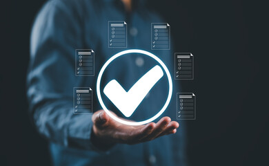 Poster - hand show checkmark task audit in a list of documents, tick process order. checklist concept, documents survey item, detail business verify task, tick mark evaluation in options check form online