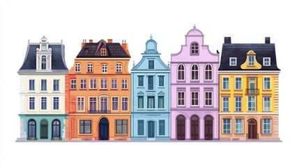 Wall Mural - Colorful row of old townhouses with arched doorways, windows and balconies.