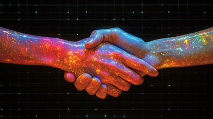 Poster - Two hands shake, glowing with vibrant colors, representing unity and partnership in a futuristic digital setting.