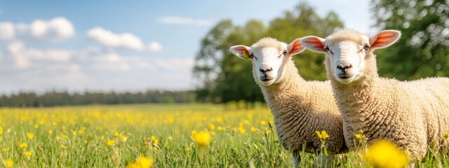 Wall Mural -  A couple of sheep standing next to each other in a lush grass and flower-filled field Trees line the backdrop