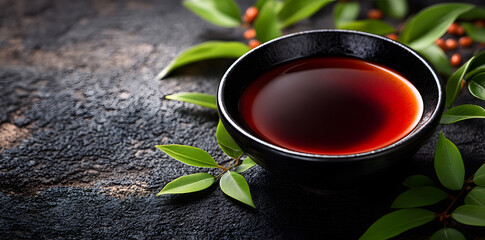 Soy sauce in bowl on table