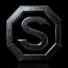 A Silver Metal Letter S Within a Octagon Frame Isolated on a Black Background