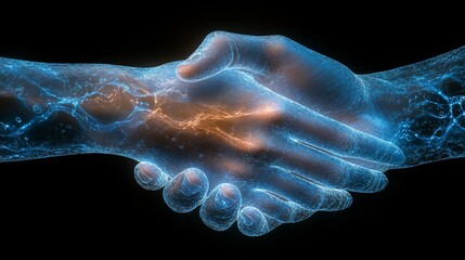Poster - Two hands engage in a digital handshake, representing partnership and connection in a technological landscape.