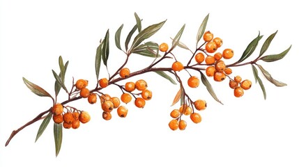 Isolated sea buckthorn branch in watercolor Forest berries in watercolor style