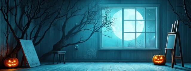 Wall Mural - A tranquil art studio with windows looking out on a moonlit, Halloween-themed garden