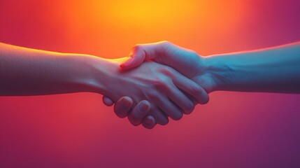 Poster - Hands meet in a firm handshake, illuminated by striking colors, representing partnership and mutual understanding.