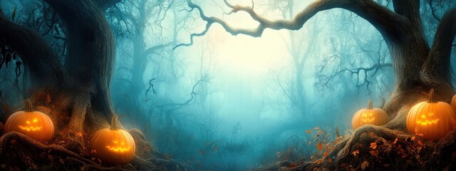 Wall Mural - A tranquil forest at dusk with mist swirling around ancient trees, pumpkins glowing softly among the roots.