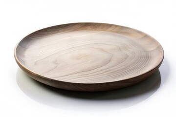 Poster - A wooden plate resting on a clean white surface, showcasing its natural texture and warm tones.