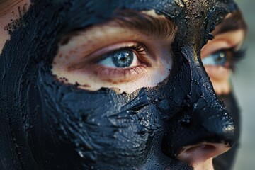 Poster - Close-up portrait of a person wearing a black mask, ideal for hiding identities or adding mystery to your projects