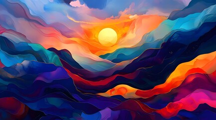 Wall Mural - Abstract Painting of a Sunset Over Wavy Mountains