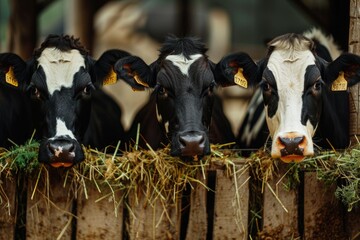 Poster - A group of cattle grazing on hay, in a rustic setting