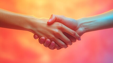 Poster - Two hands clasp in a handshake against a vibrant background, representing unity and mutual agreement during a collaborative effort.