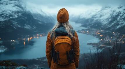 Wall Mural - Woman Admiring a Snowy Mountain Landscape