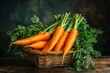 © Irina - Freshly harvested whole carrots with leaves on a wooden table, rustic