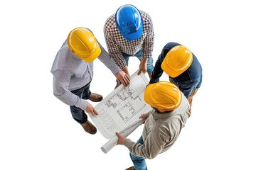 Poster - Group of workers reviewing plans and discussing project details