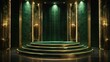 © Png - Video - Photo - Emerald Velvet and Gold Trim Podium, a luxurious stage design featuring rich green surfaces and elegant golden accents, enhanced by warm lighting to evoke grandeur and sophistication.