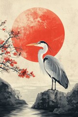 Illustration of a heron in Japanese style with elements of red color