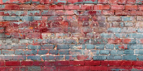 Aged red brick wall with peeling paint, perfect for background textures.