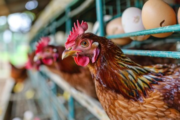 Aufkleber - A group of chickens standing side by side in a farm or backyard setting
